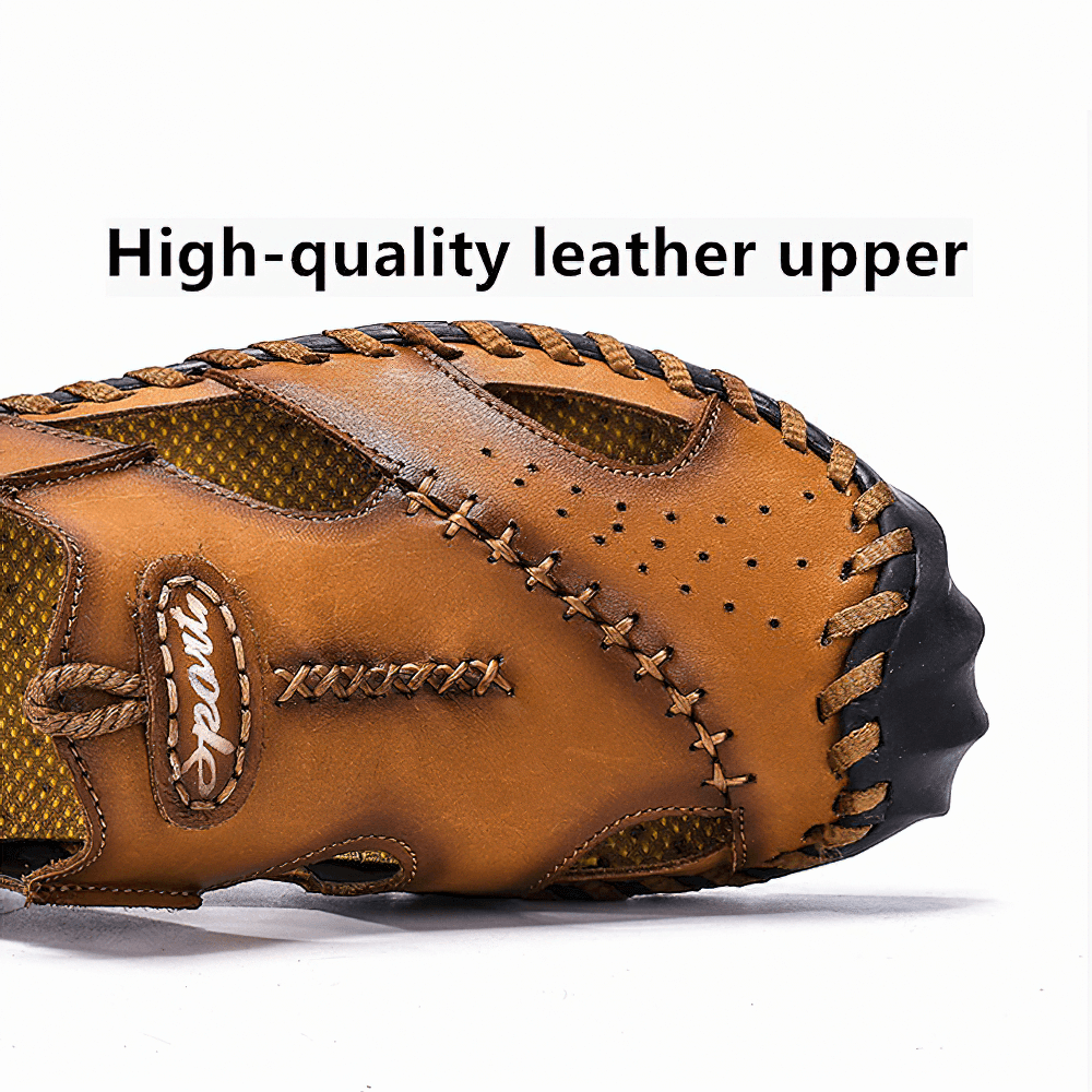 Men's genuine leather sandals featuring a high-quality leather upper with stylish stitching details.