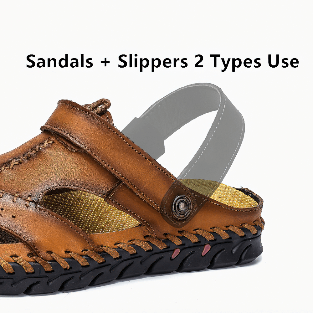 Men's genuine leather sandals showcasing two-in-one use as sandals or slippers, ideal for summer outdoor wear.