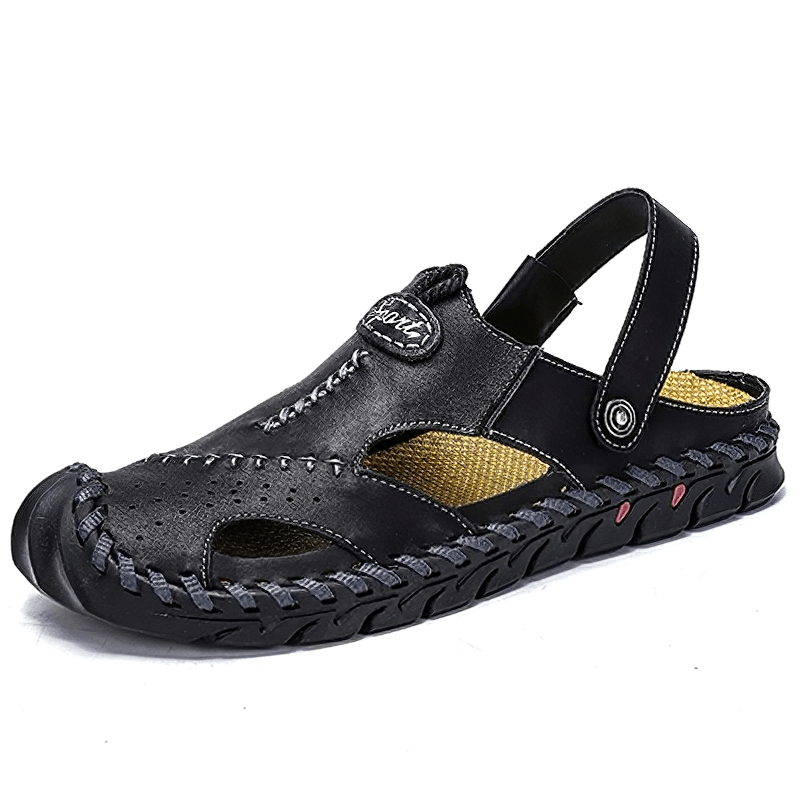 Men's black genuine leather sandals with ankle wrap design and cool stitching detail for summer outdoor wear.