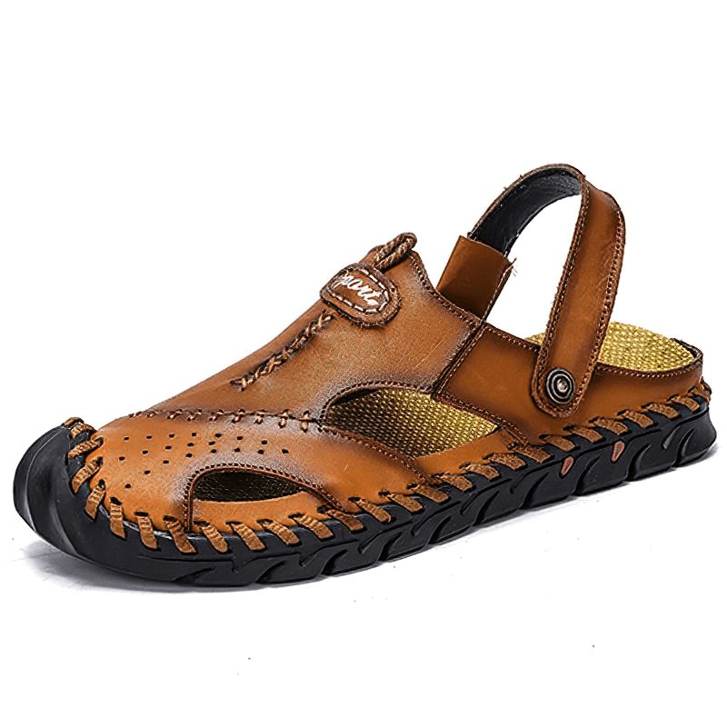 Men's genuine leather sandals with ankle wrap, stylish design, perfect for summer outdoor adventures and casual occasions.