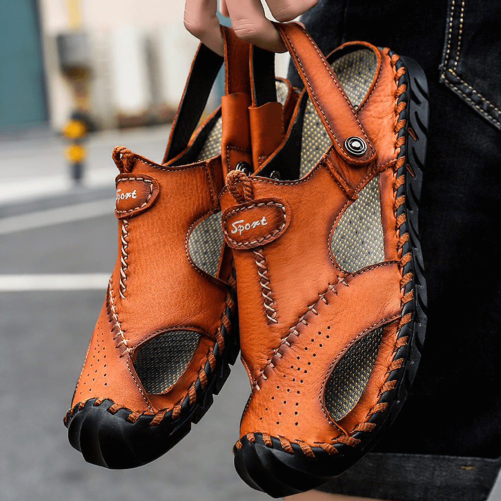 Men's genuine leather sandals in orange with sport branding, perfect for summer outdoor adventures and casual outings.