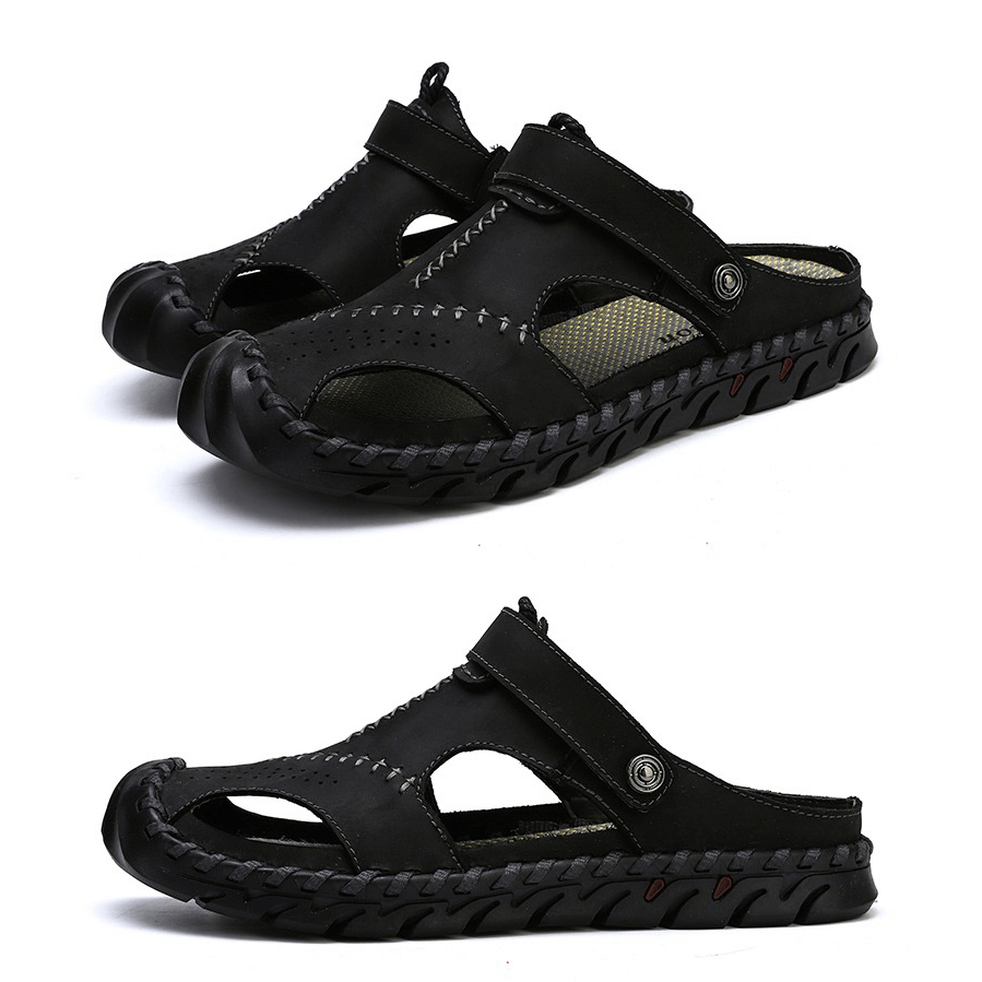 Men's genuine leather sandals with ankle wrap, stylish beach slippers for summer outdoor adventures.
