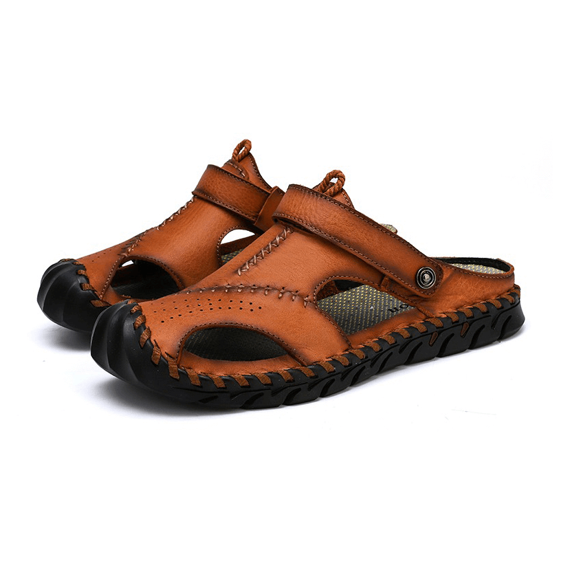 Men's genuine leather sandals in brown with ankle strap, perfect for summer outdoor adventures and casual beach outings.