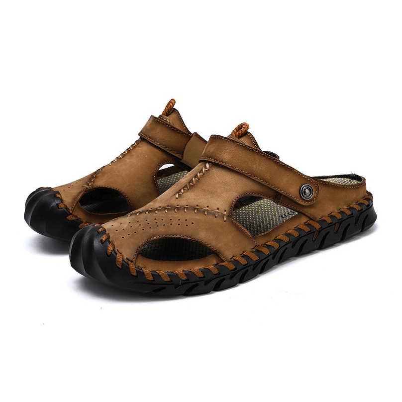 Men's genuine leather sandals with ankle wrap design and cool sewing details, perfect for summer outdoor activities.