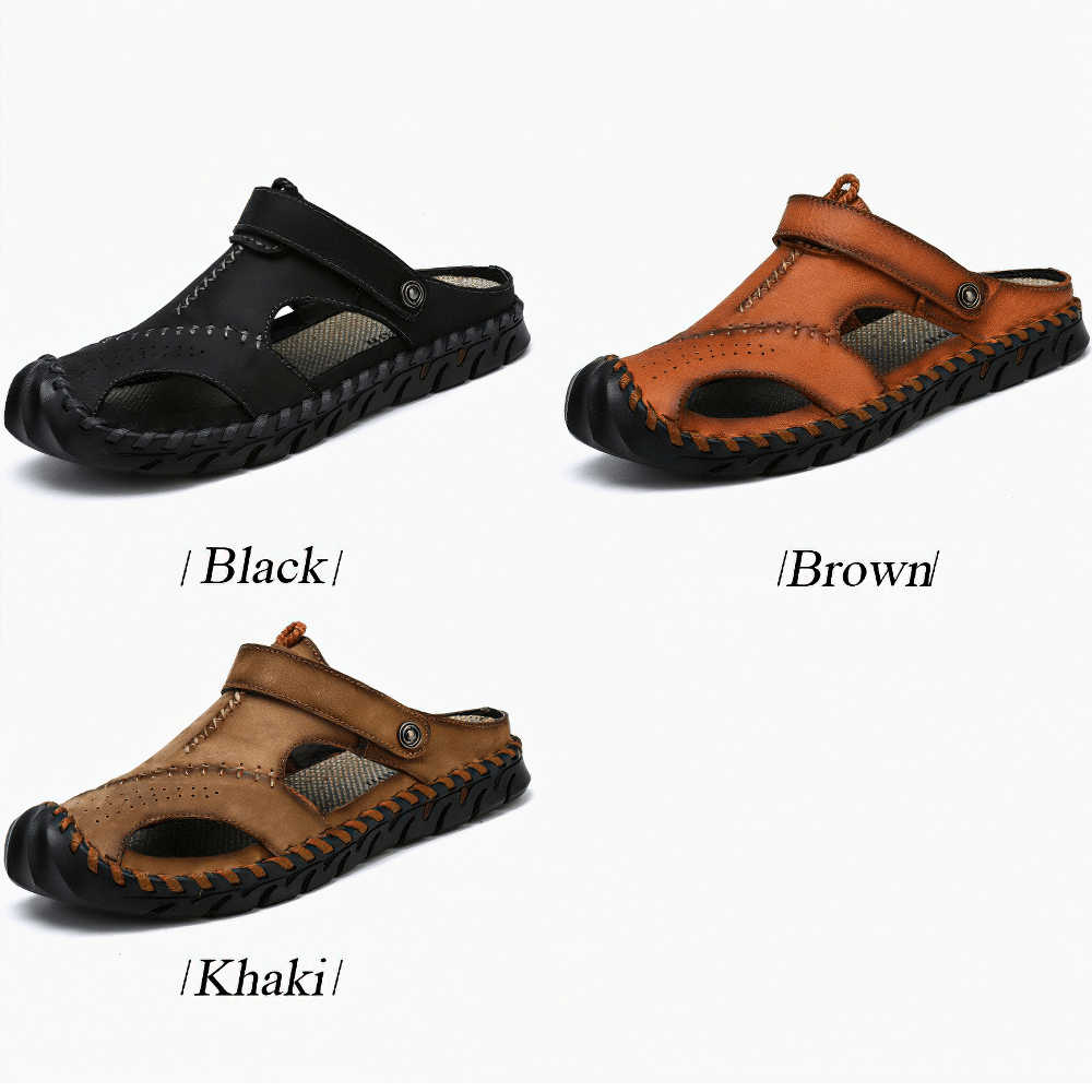 Men's genuine leather sandals in black, brown, and khaki colors, perfect for summer outdoor casual wear.