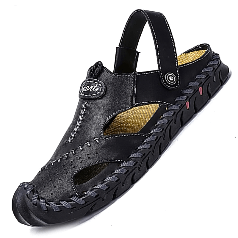 Men's genuine leather sandals featuring an ankle wrap design and decorative stitching, perfect for casual summer outings.