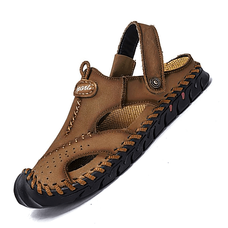 Men's genuine leather sandals, stylish ankle wrap beach slippers, perfect for summer outdoor adventures.