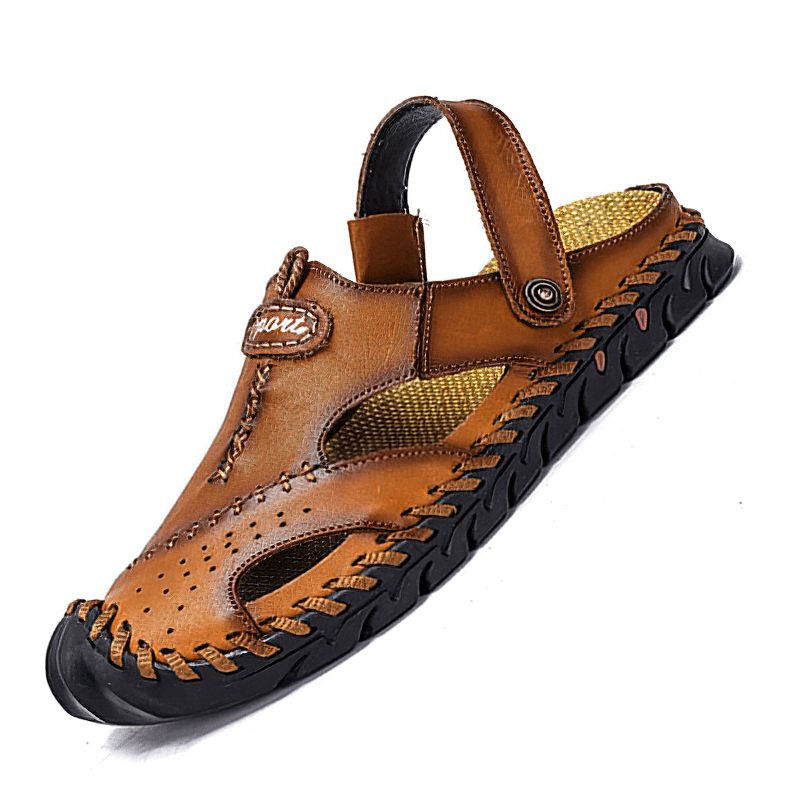 Men's genuine leather sandals with rubber sole, ankle wrap style, perfect for casual summer outings.