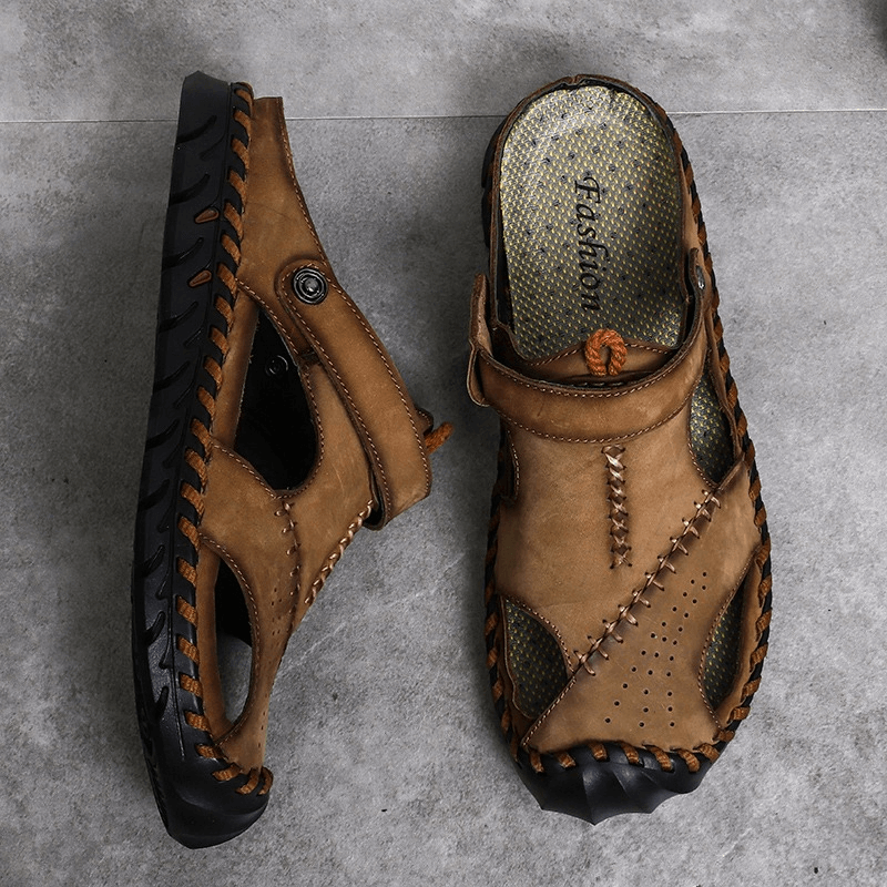 Men's genuine leather sandals with ankle wrap design, featuring decorative stitching and rubber sole for casual summer wear.