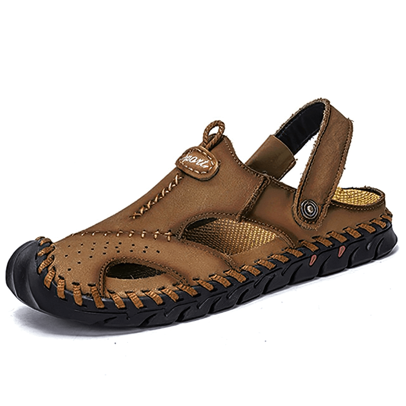 Men's genuine leather sandals in brown, featuring a cool stitched design, perfect for summer outdoor wear.