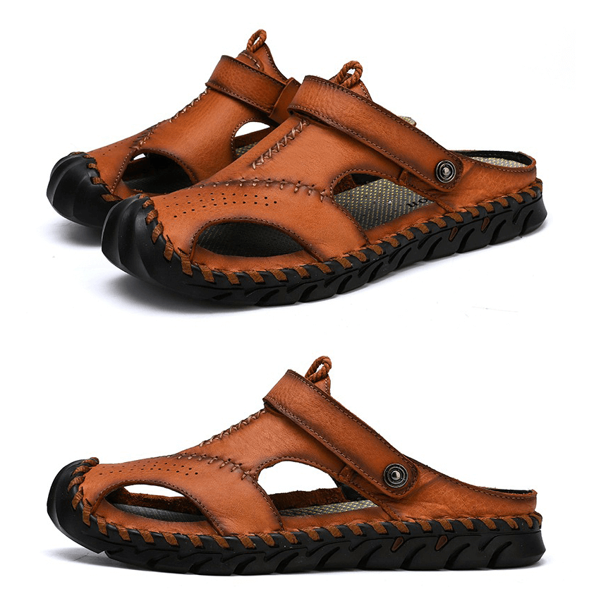 Stylish men's genuine leather sandals, perfect beach slippers for summer, featuring soft ankle wrap and cool design.