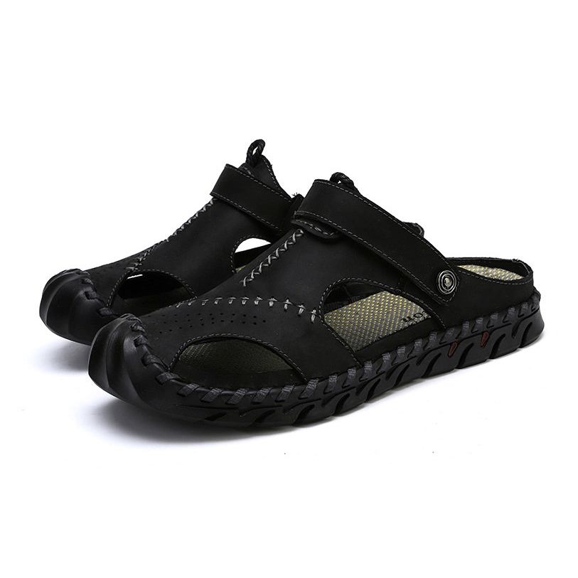 Men's genuine leather sandals in black, perfect for summer outdoor activities and casual wear.