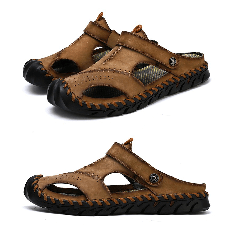 Men's genuine leather sandals with ankle wrap, perfect for summer beach outings and casual wear.