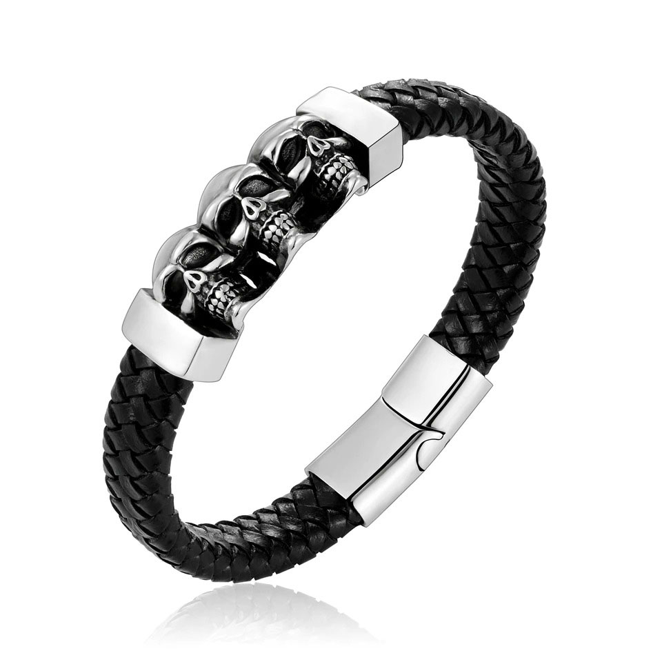 Men's Genuine Leather Skulls Bracelet / Stainless Steel Bracelet with Magnetic Clasp - HARD'N'HEAVY