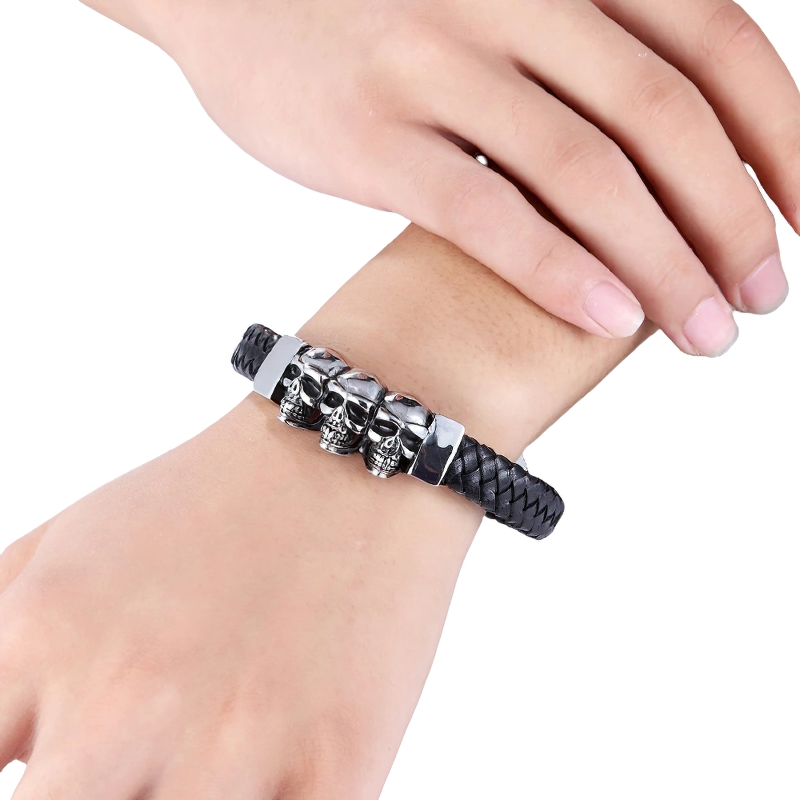 Men's Genuine Leather Skulls Bracelet / Stainless Steel Bracelet with Magnetic Clasp - HARD'N'HEAVY