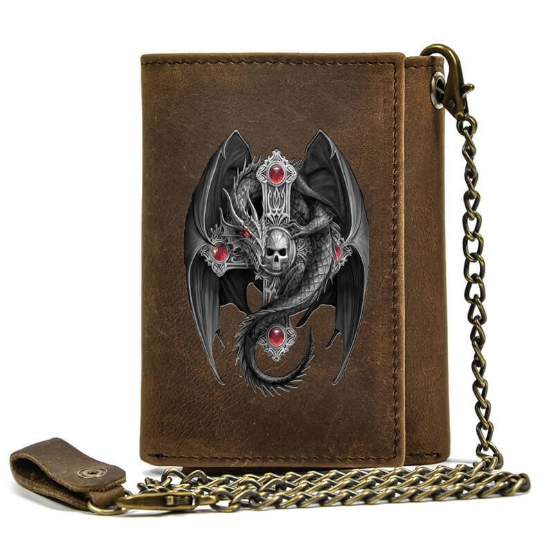 Men's gothic leather wallet featuring a dragon and skull design with red jewels and an iron chain for a rugged style.