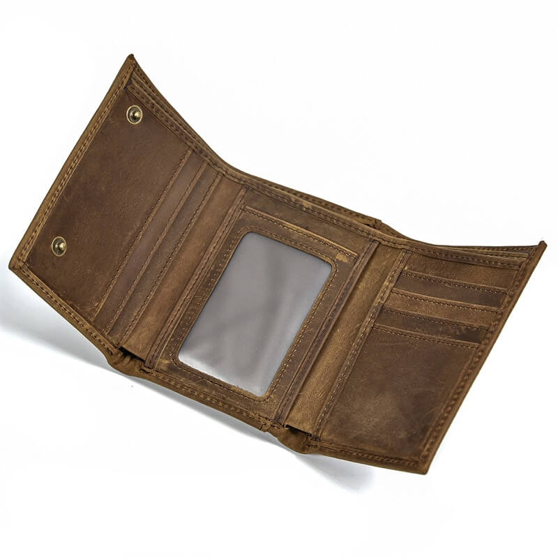 Open men's genuine leather wallet showing card slots and transparent ID window, stylish and functional design.