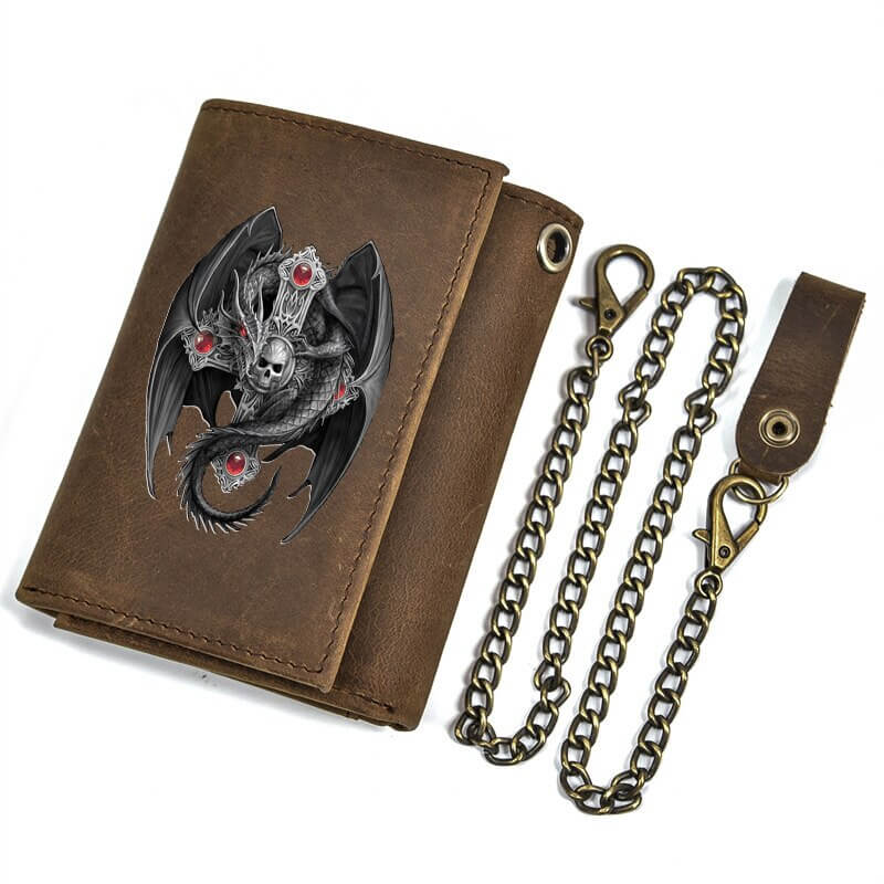 Men's gothic leather wallet with dragon design and iron chain, perfect for edgy style enthusiasts.