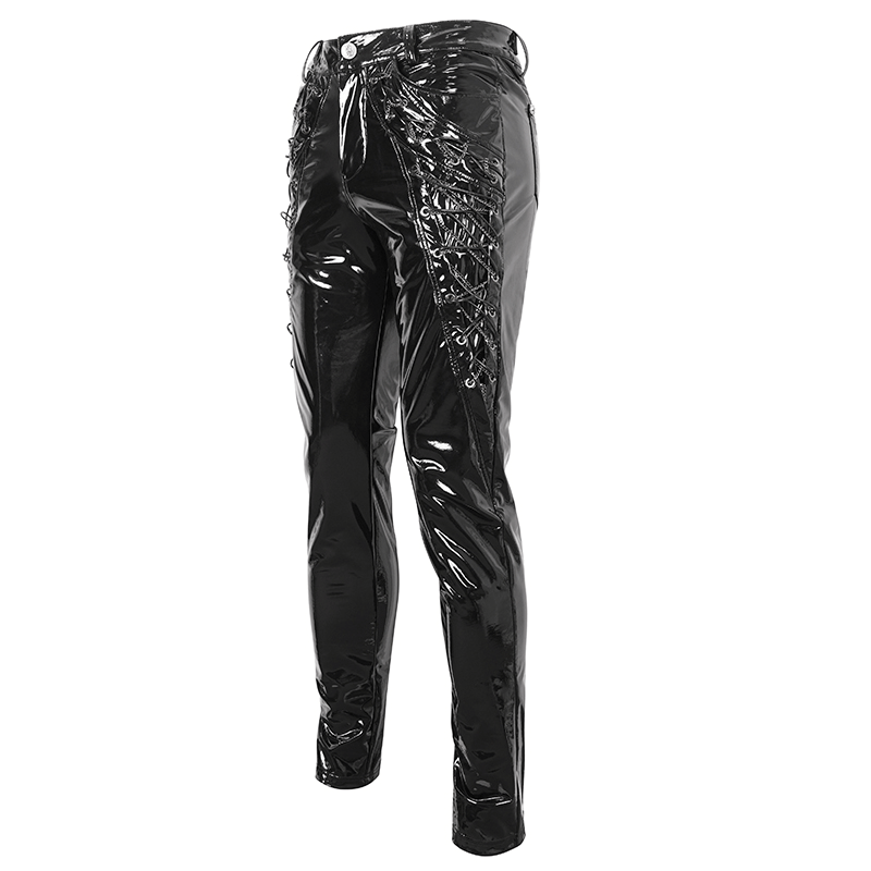 Men's glossy black leather lace-up trousers with chains for an edgy, alternative fashion statement.