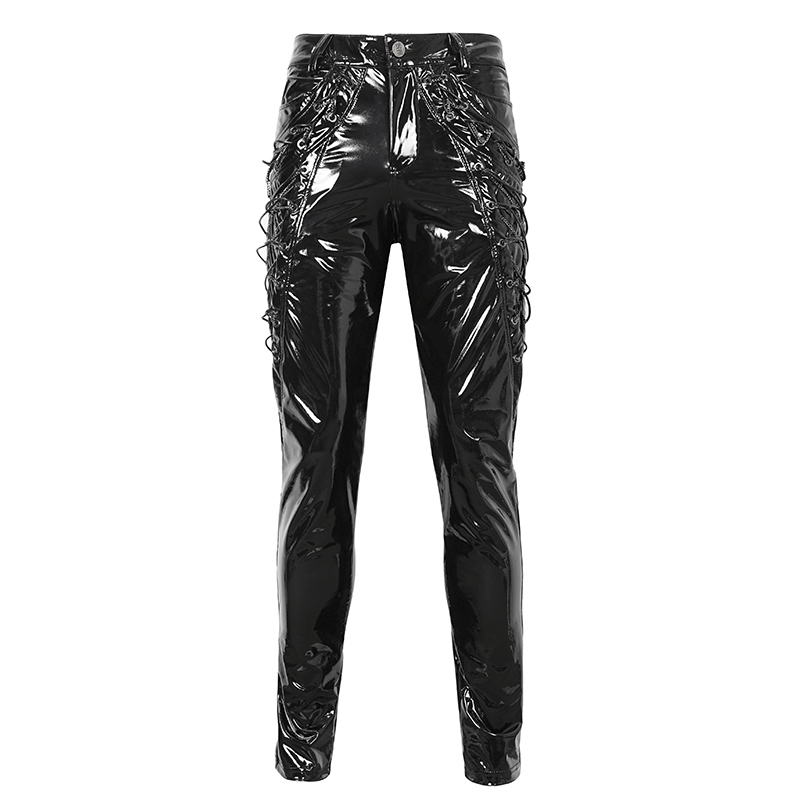 Men's glossy leather trousers with lace-up detail and chains for an edgy fashion statement.