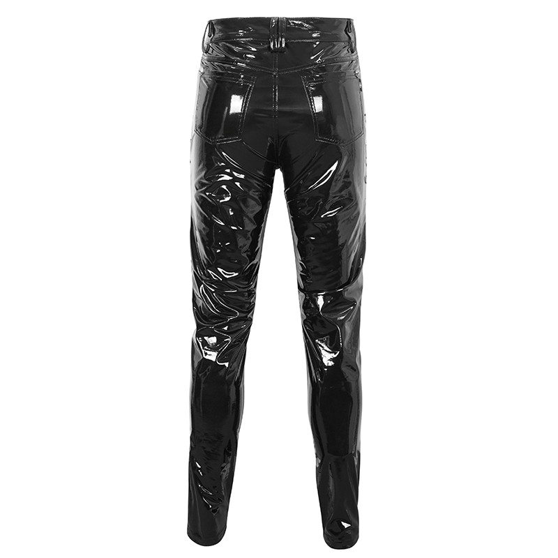 Men's glossy leather lace-up trousers featuring striking chains for a bold alternative fashion statement.
