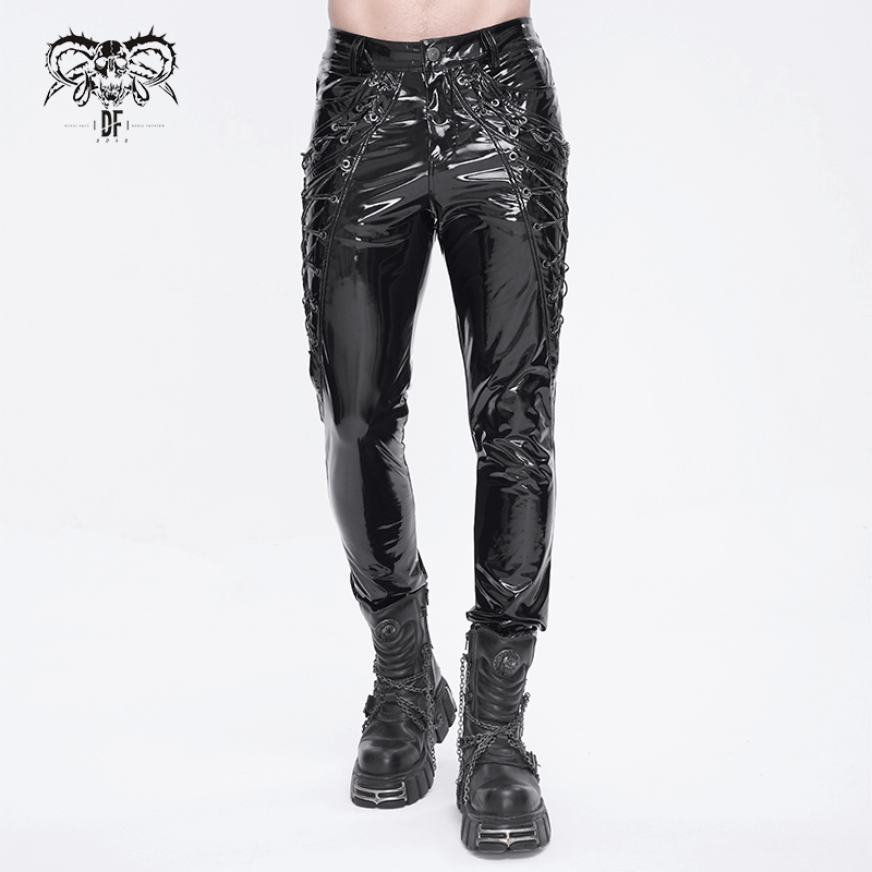 Men's glossy leather lace-up trousers with chains, showcasing alternative fashion flair and edgy style.