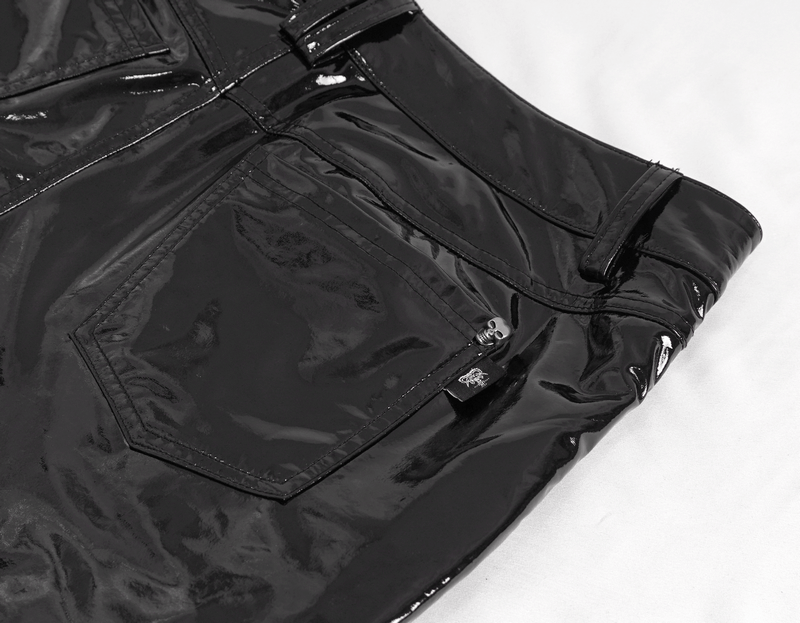 Close-up of black glossy leather lace-up trousers showcasing stylish detail and pocket.