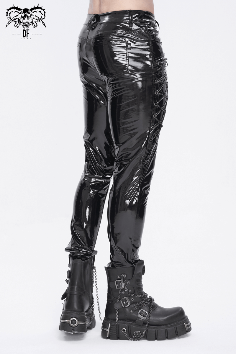 Men's glossy leather lace-up fashion trousers with chains, showcasing a daring and edgy look for alternative style.