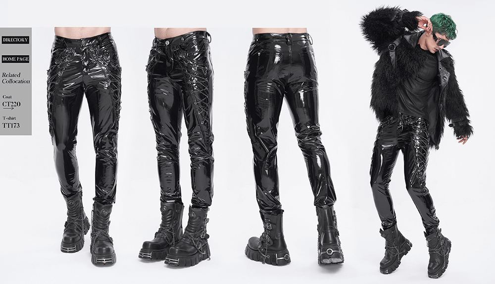Men's Glossy Leather Lace-Up Fashion Trousers with Chains - HARD'N'HEAVY