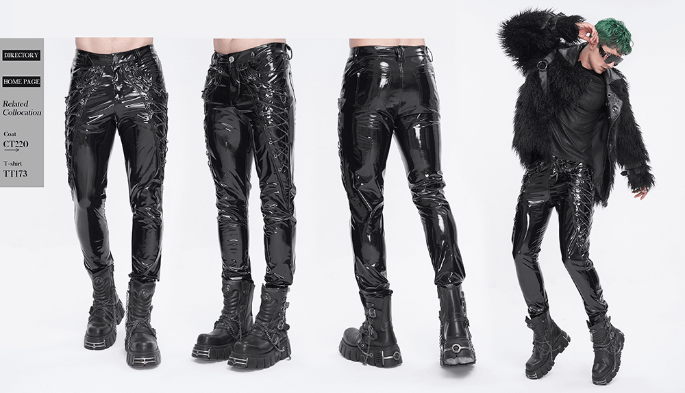 Men's glossy black leather lace-up trousers with chains, showcasing a bold alternative fashion style.