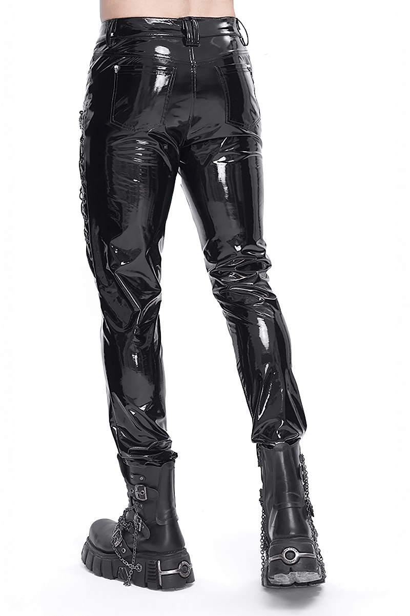 Men's glossy leather trousers with chains, showcasing a sleek back view for alternative fashion lovers.