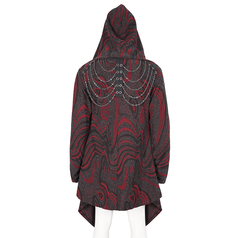 Men's goth irregular hooded coat in red and black, featuring unique chain details on the back for a bold style.