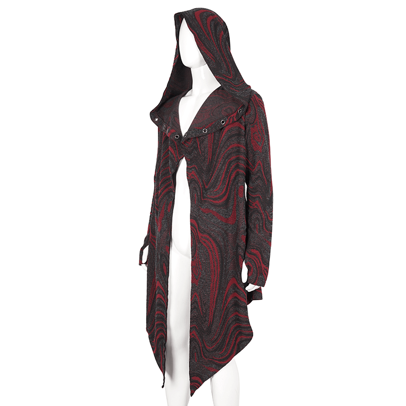 Men's goth irregular hooded coat in red and black, featuring a dramatic asymmetrical cut and chain details.