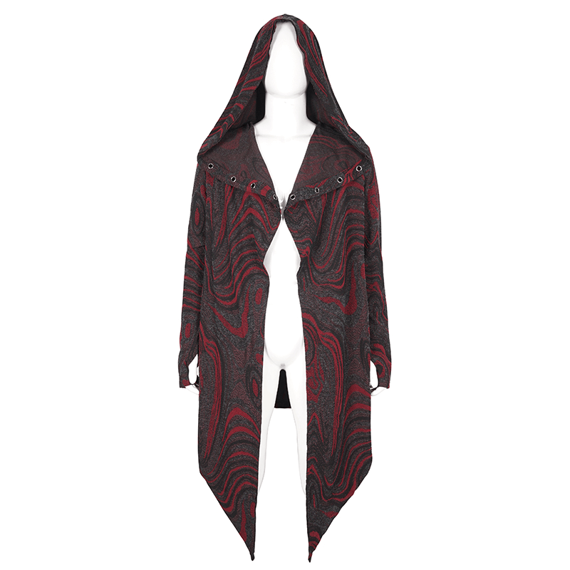 Men's goth irregular hooded coat with chain accents and asymmetrical design in black and red.