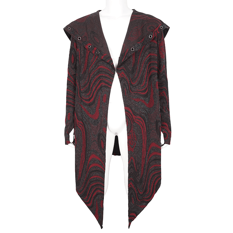 Men's goth irregular hooded coat with swirling red and black patterns, featuring unique asymmetrical design.