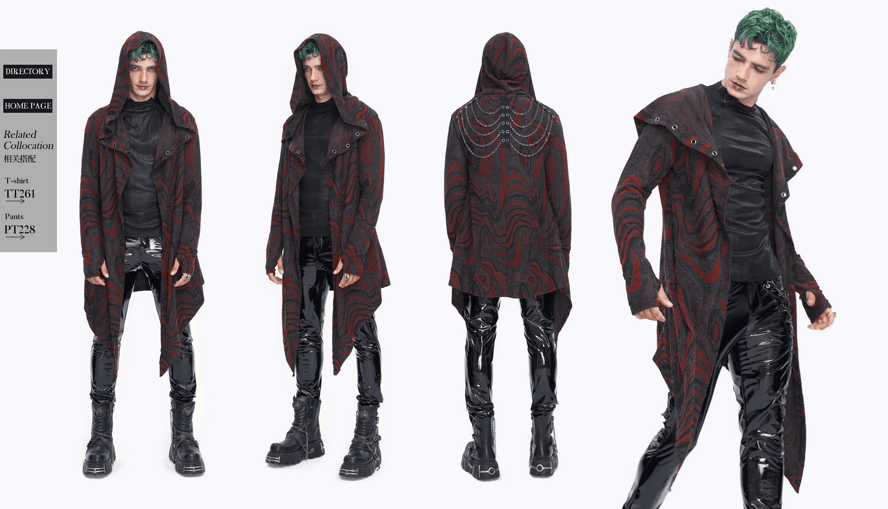 Men's goth irregular hooded coat with chain details, showcasing a stylish asymmetrical design and modern rebellious flair.