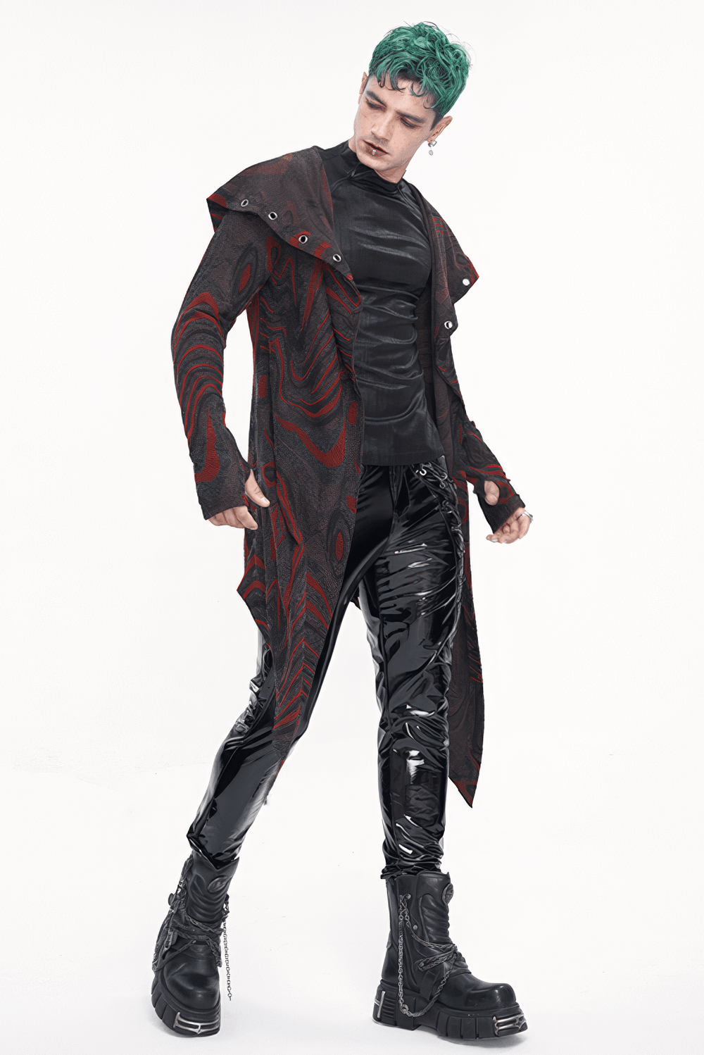Men's goth hooded coat featuring chains, paired with shiny black pants and bold green hair for a striking rebel look.