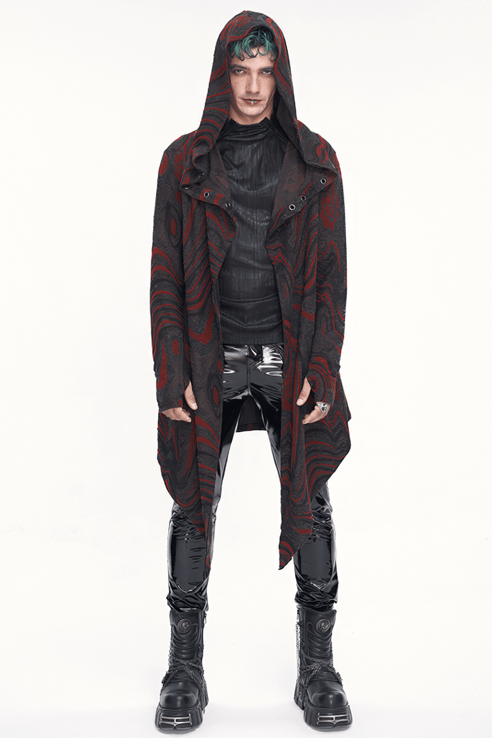 Men's goth irregular hooded coat with chains, showcasing a striking red and black design, perfect for edgy fashion.