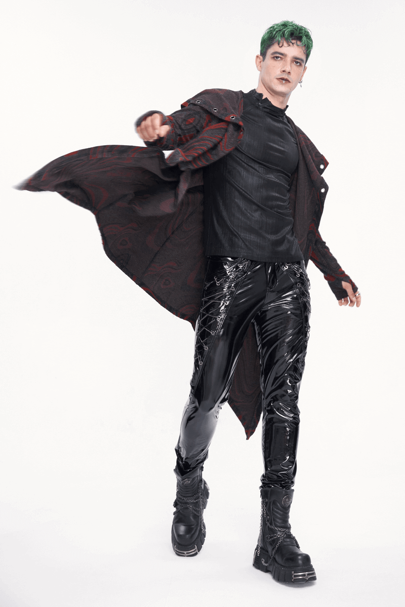 Men's goth hooded coat with chains, paired with shiny black pants, showcasing a bold fashion statement.