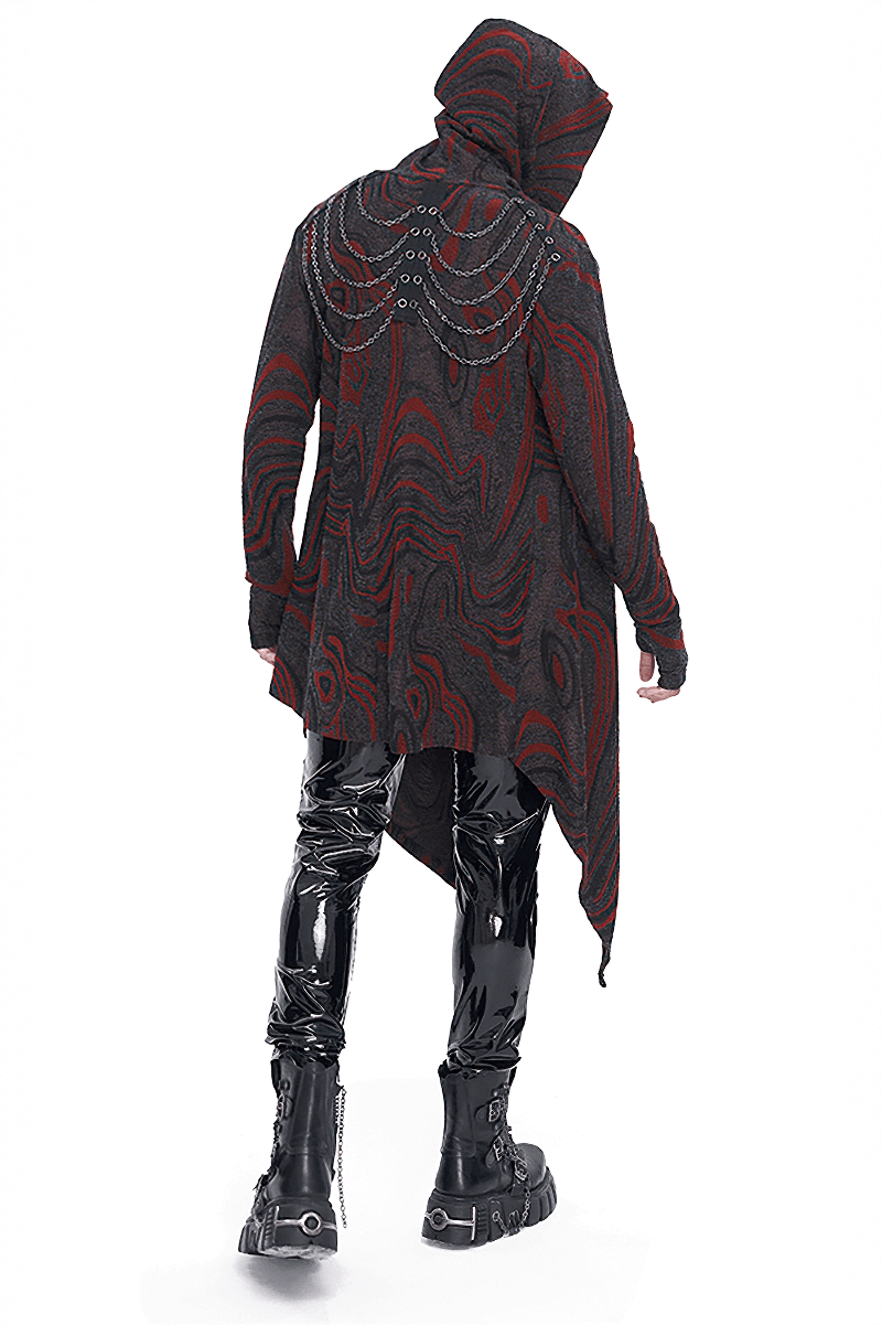 Men's goth irregular hooded coat in red and black with chain details on the back, showcasing an asymmetrical design.