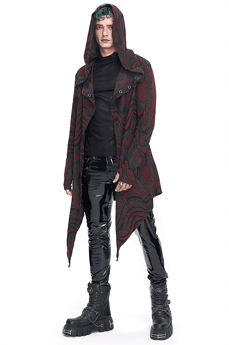 Men's goth irregular hooded coat with red patterns, styled with black shiny pants and boots.
