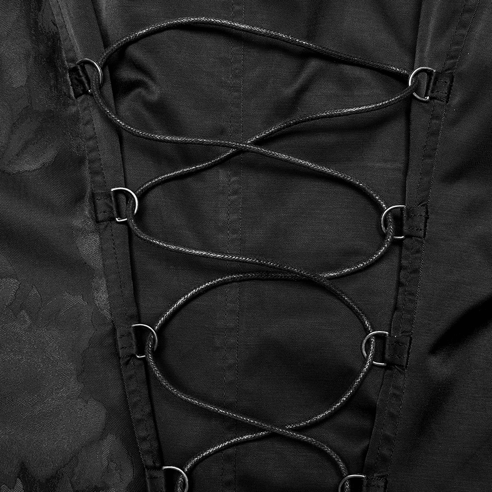 Gothic waistcoat adjustable lace-up back detail featuring intricate black cord lacing for a unique fit and style.