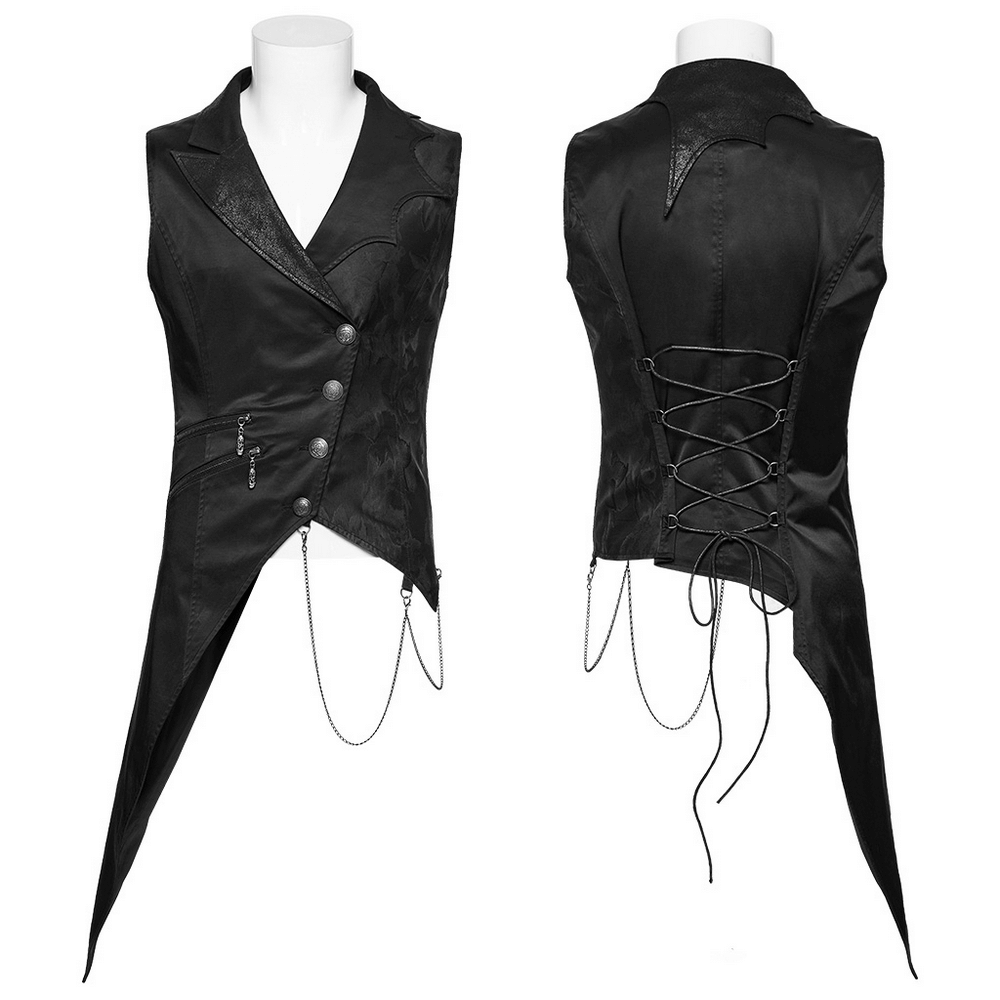 Men's Gothic asymmetric waistcoat featuring metal chain details and adjustable lace-up back for a unique dark style.