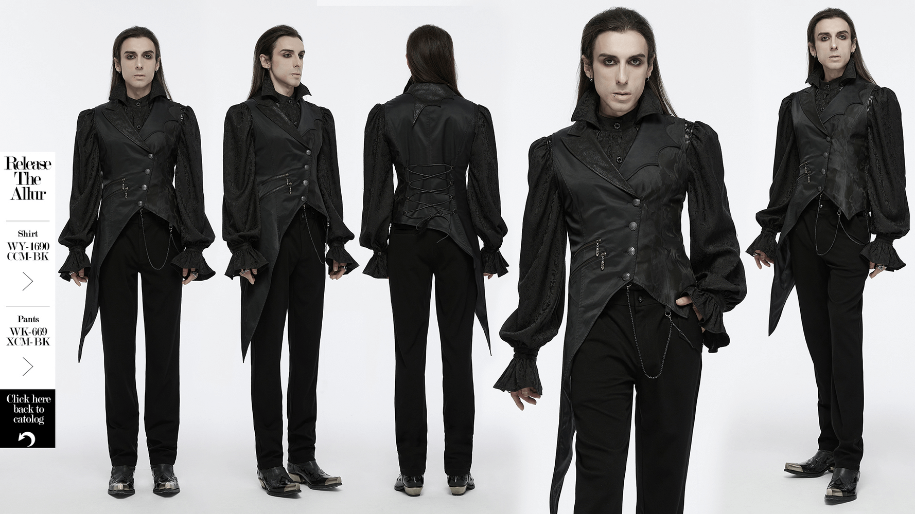 Men's Gothic asymmetric waistcoat with metal chain details, featuring adjustable lace-up back and unique design.