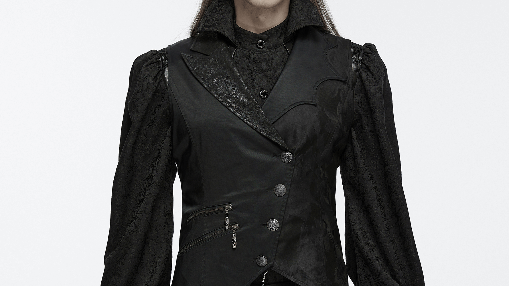 Men's Gothic asymmetric waistcoat with metal chain details and lace-up back in dark woven fabric. Perfect for modern gothic style.