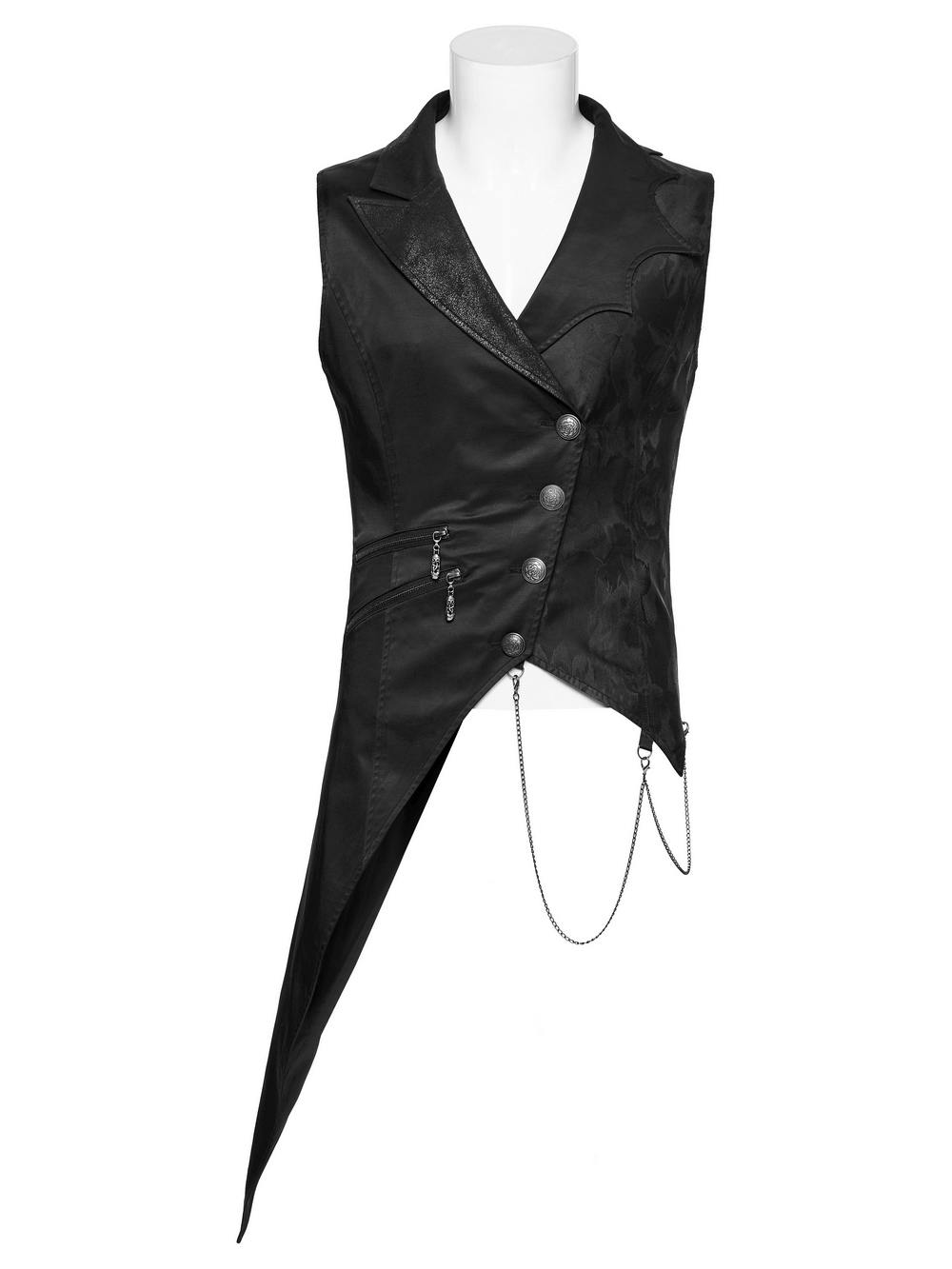 Men's Gothic asymmetric waistcoat with metal chain details and unique design, perfect for a dark gothic style.