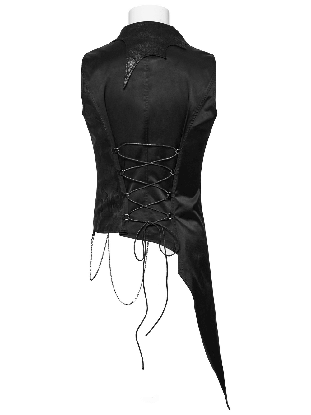 Back view of a Men's Gothic Asymmetric Waistcoat with lace-up detailing and metal chain accents, showcasing a unique design.