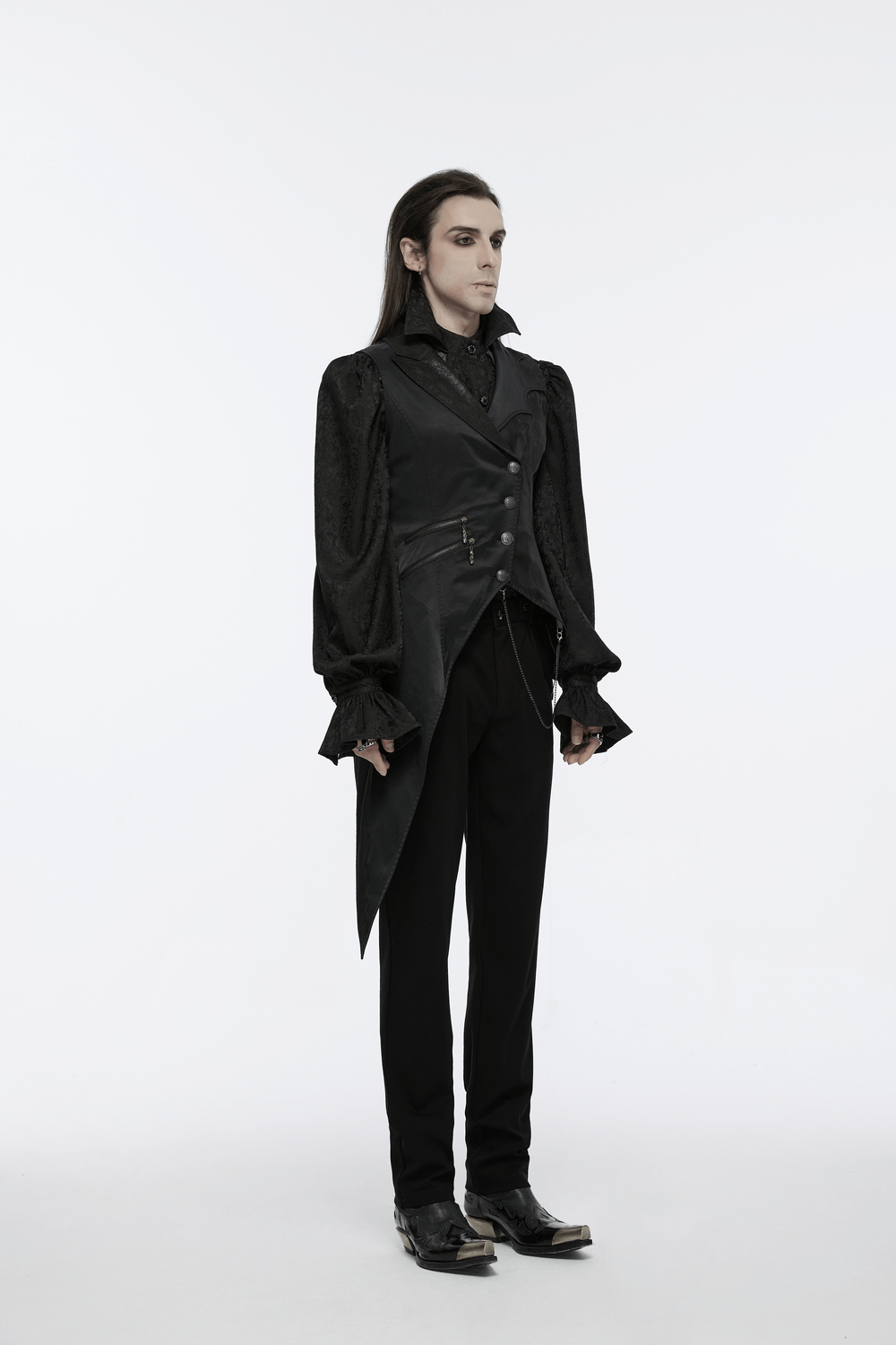 Men's gothic asymmetric waistcoat with metal chain details, styled with a black shirt and pants for a bold look.