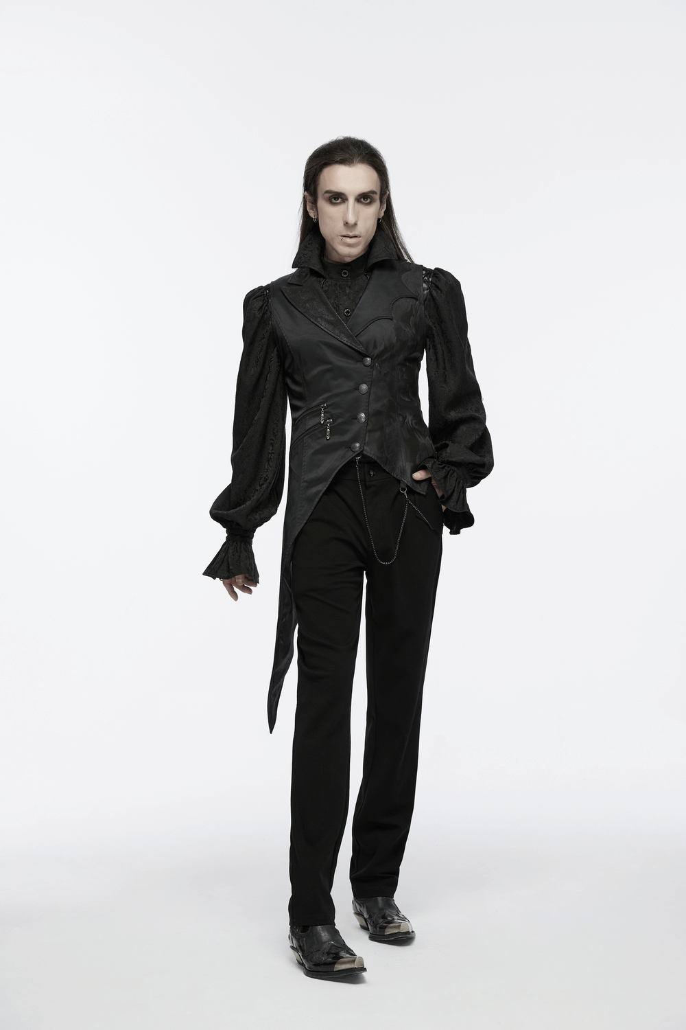 Men's gothic asymmetric waistcoat with metal chain details and unique design, styled for modern gothic fashion.