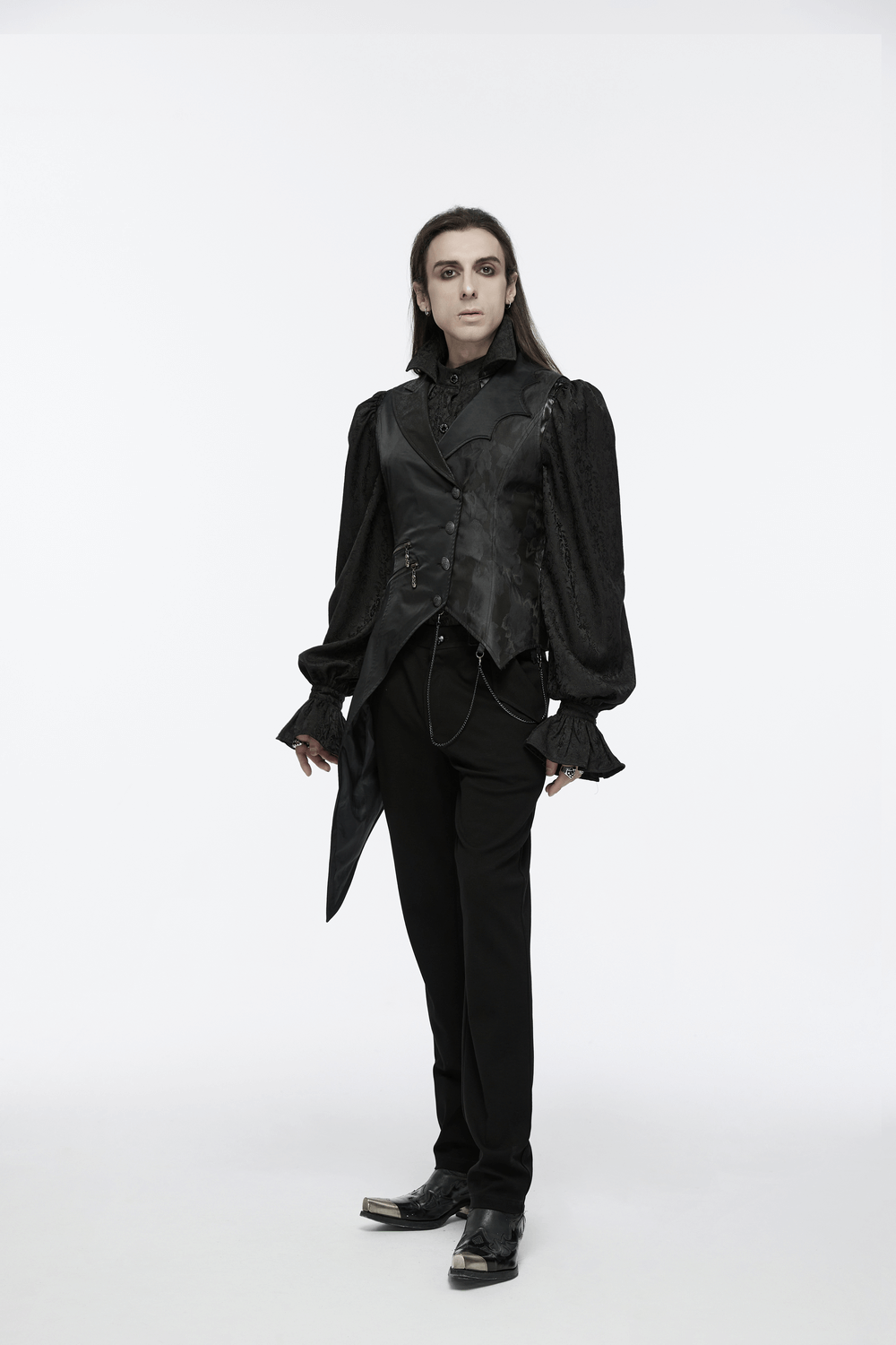 Men's gothic asymmetric waistcoat with chain details, paired with a stylish black shirt and pants for a modern gothic look.